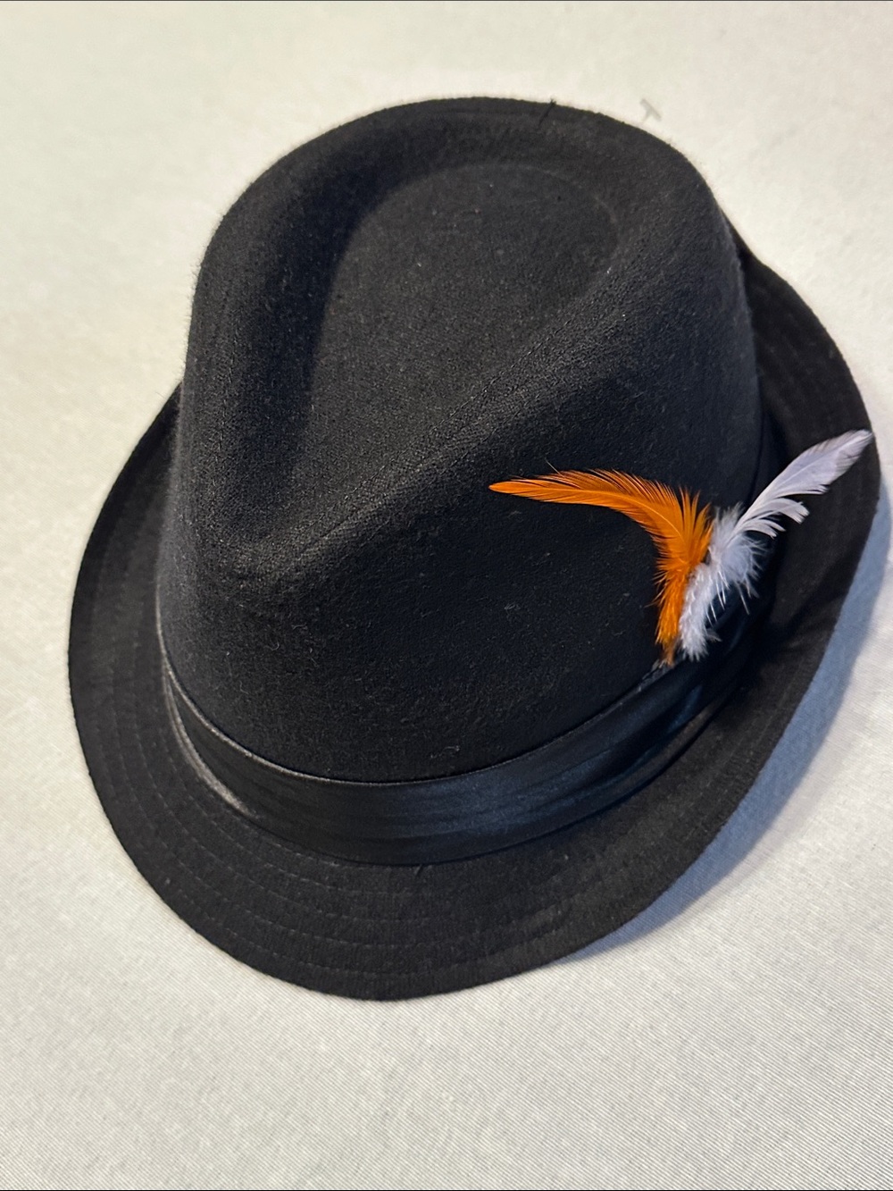 Simplicity Line Black Felt Fedora Hat with Orange and Grey Accent Feathers